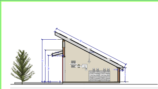 Architectural cross-section of a building with solar panels and a tree on the left side.