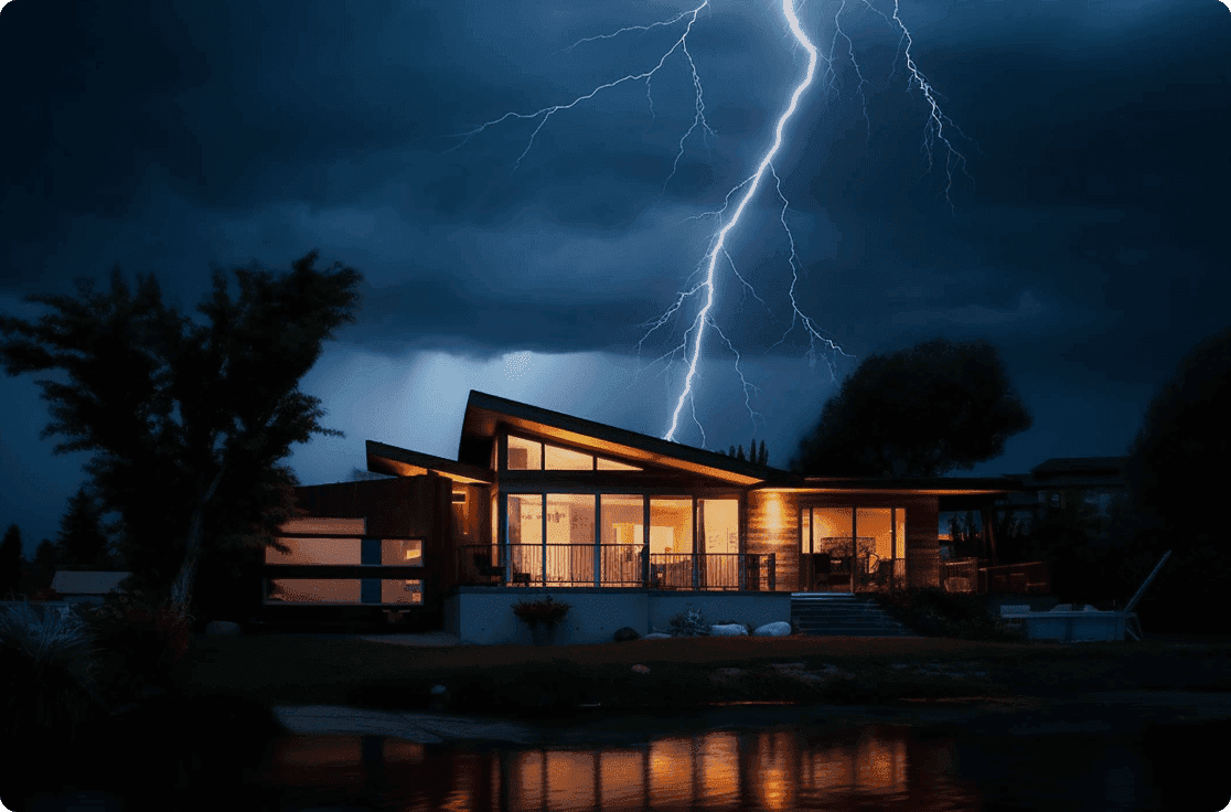 Modern house illuminated at night with a striking lightning bolt in the dark, cloudy sky above.