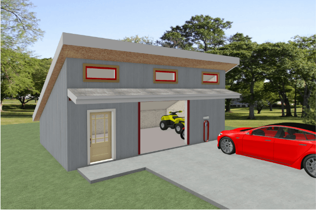 Modern garage with electric car parked outside, ATV inside, and charging station on the wall.